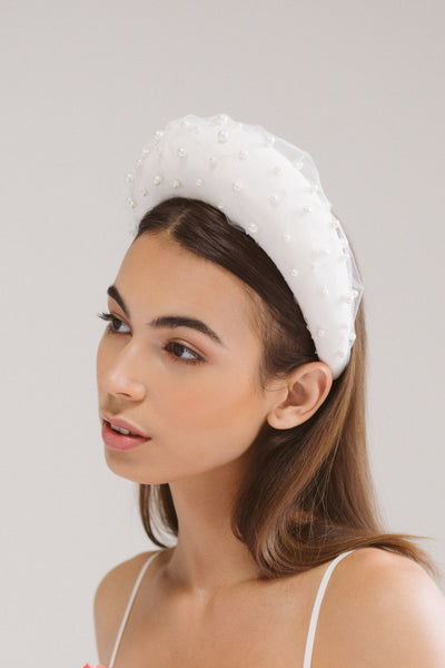 Pearl Headband with Birdcage Veil - Genevieve Rose Atelier