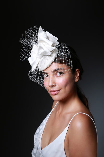 Pearl Headband with Birdcage Veil - Genevieve Rose Atelier