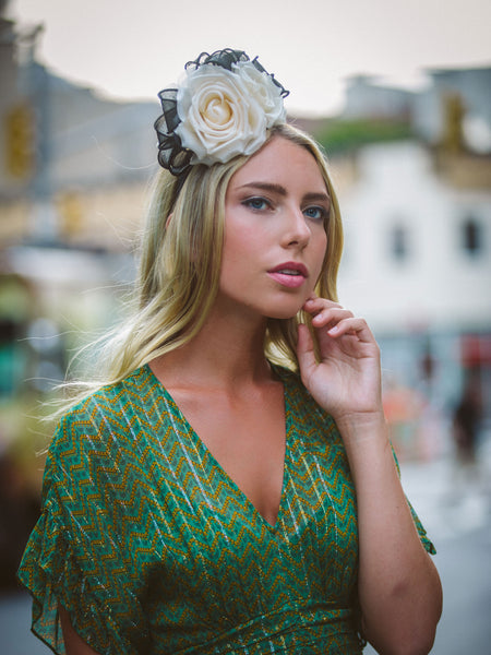 Black & White Headband with Yellow top Rose