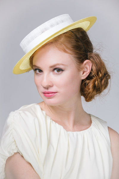 Yellow and White Straw Boater Hat with Tassels - Genevieve Rose Atelier Black