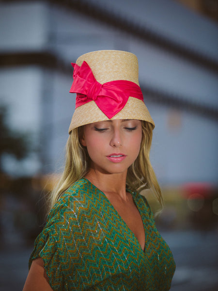 Gerard Straw Cloche Derby Hat with Pink Bow - Genevieve Rose Atelier