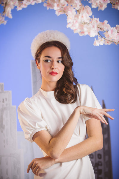 Cornelia White Pleated Tulle Pillbox Hat by Genevieve Rose Atelier