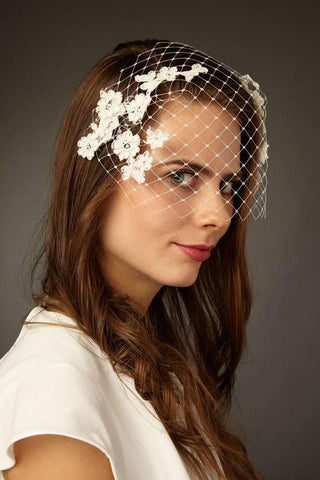 Twigs & Honey Bridal Headband Dot Birdcage Veil - Silk Bow and Point D'esprit Headband Veil - Style #2351