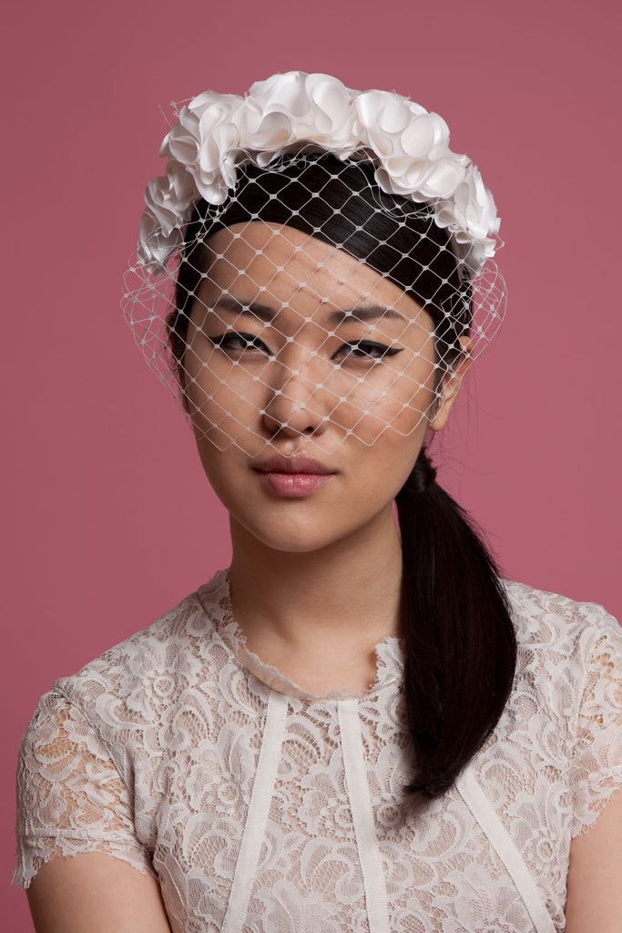Pearl Headband with Birdcage Veil - Genevieve Rose Atelier Medium (Up to 23 inch headsize)