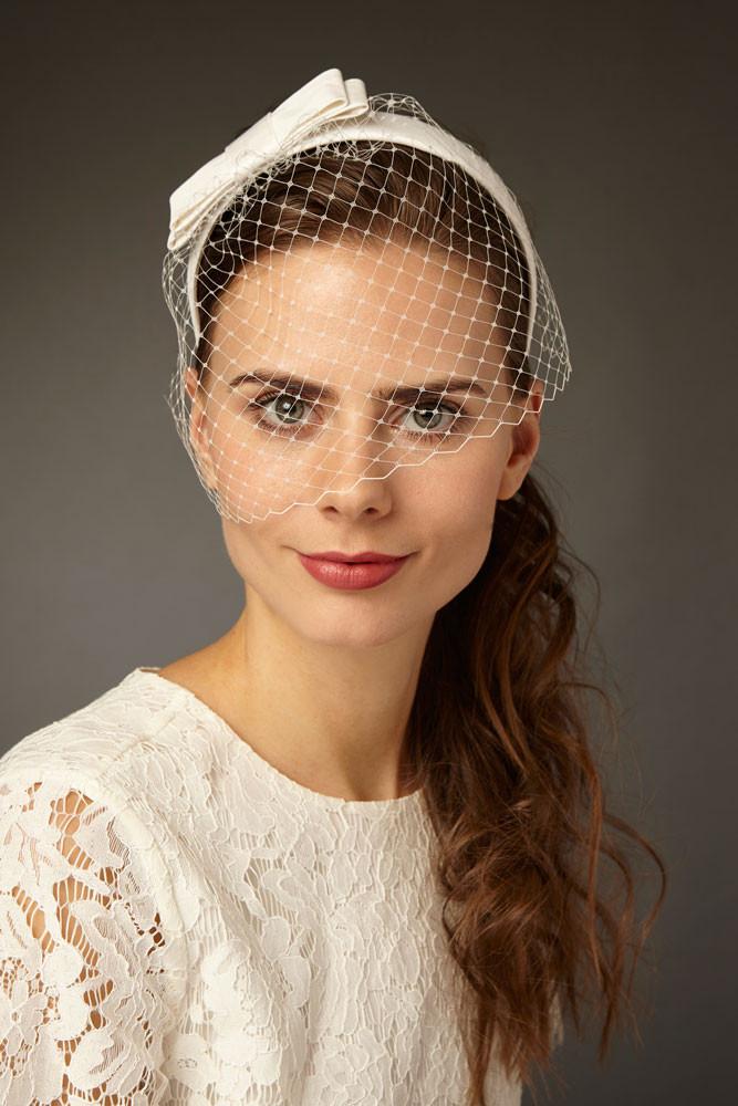 Nestina Birdcage Headband Veil with Pearls and Crystal beading-SOLEIL Style 21028 Ivory