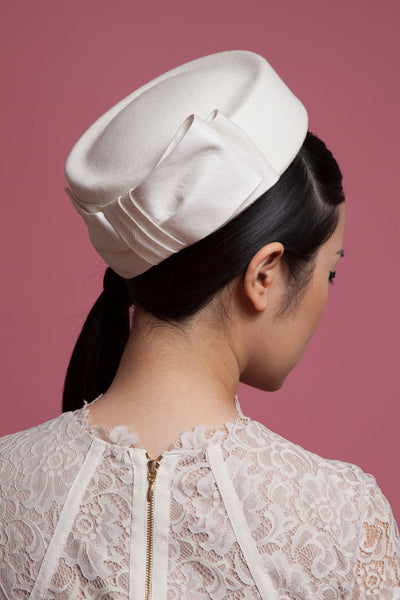 Cecelia Bridal Felt Pillbox Hat with Silk Bow by Genevieve Rose Atelier