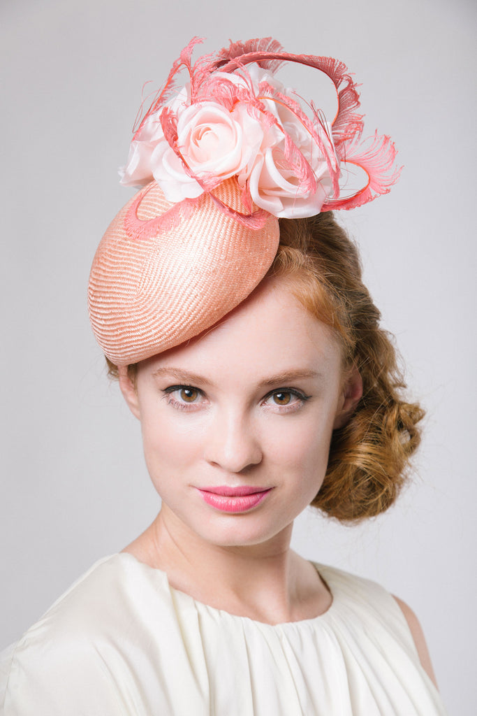 Coral Pink Straw Derby Fascinator with Roses and Feathers by Genevieve Rose Atelier