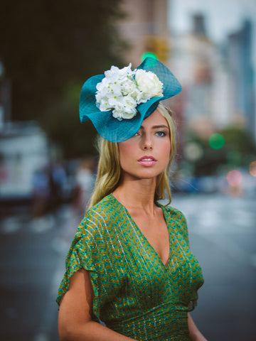 Dahlia Teal Derby Fascinator with White Flowers Genevieve Rose Atelier