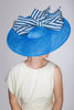 Large Blue Disc Ascot Hat with Stipe Bows by Genevieve Rose Atelier