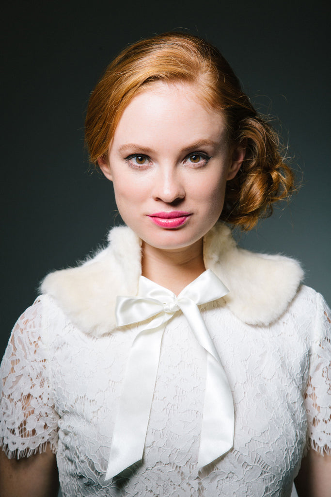 White Faux Fur Collar with Bow by Genevieve Rose Atelier