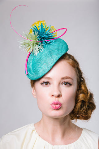 Jade Green Derby Fascinator with Feather Flowers by Genevieve Rose Atelier