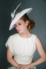 White Ascot Coolie Hat with Gold Quills by Genevieve Rose Atelier