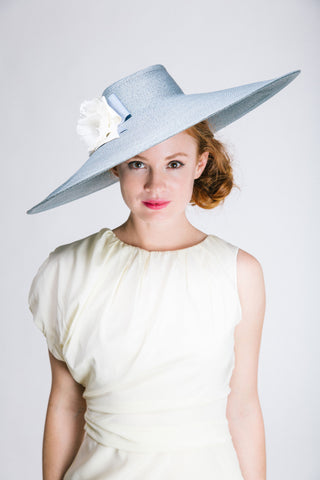 Large Grey Straw Picture Hat with Silk Flowers and Bows by Genevieve Rose Atelier