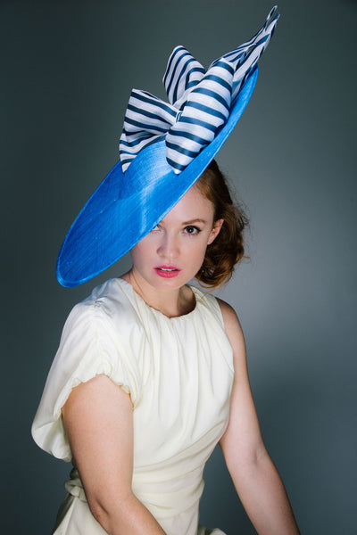 Large Blue Disc Derby Hat with Stipe Bows by Genevieve Rose Atelier
