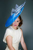 Large Blue Disc Derby Hat with Stipe Bows by Genevieve Rose Atelier