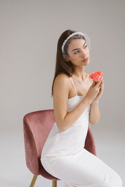 Pearl Bridal Birdcage Veil Headband by Genevieve Rose Atelier