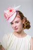 Coral Pink Birdcage Veil Ascot Fascinator with Silk Flowers by Genevieve Rose Atelier