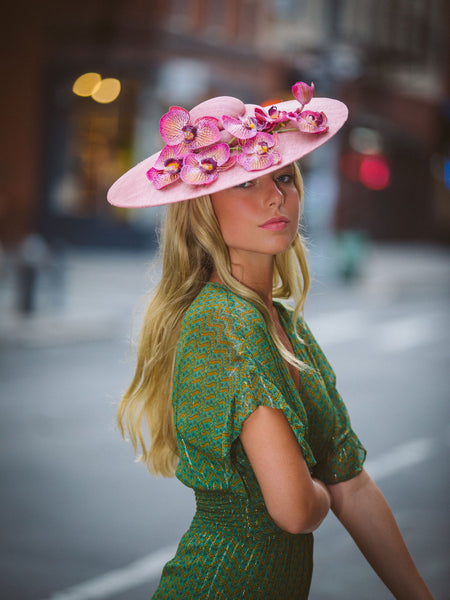 Istabraq Pink Pyramid Derby Hat with Orchids by Genevieve Rose Atelier
