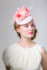 White Derby Fascinator with Pink Birdcage Veil and Roses by Genevieve Rose Atelier