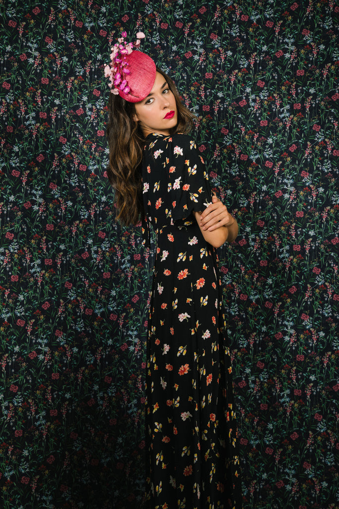 Hot Pink Fascinator with Cherry Blossom - Genevieve Rose Atelier Black Hot Pink Fascinator with Cherry Blossom - Genevieve Rose Atelier Black