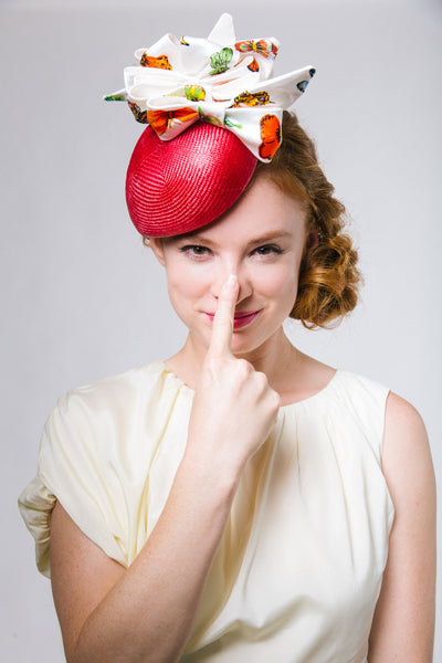 Red Mini Beret Derby Fascinator with Butterfly Print Bows by Genevieve Rose Atelier