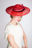 Large Red Disc Derby Hat with Curled Feather Halo by Genevieve Rose Atelier