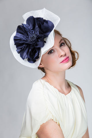 Sculptural White Derby Fascinator with Large Navy Poppy by Genevieve Rose Atelier