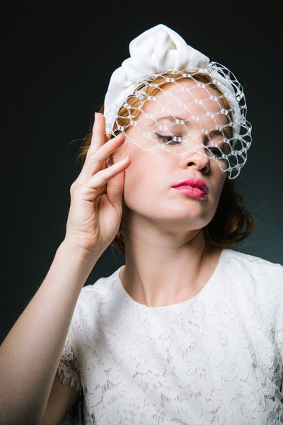 White Velvet Turban Headband with Veil by Genevieve Rose Atelier