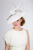 White Derby Disc Hat with Gold Quills by Genevieve Rose Atelier