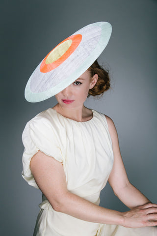 White and Neon Ascot Coolie Hat by Genevieve Rose Atelier