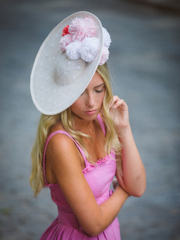 Curlindio White Derby Saucer Hat by Genevieve Rose Atelier