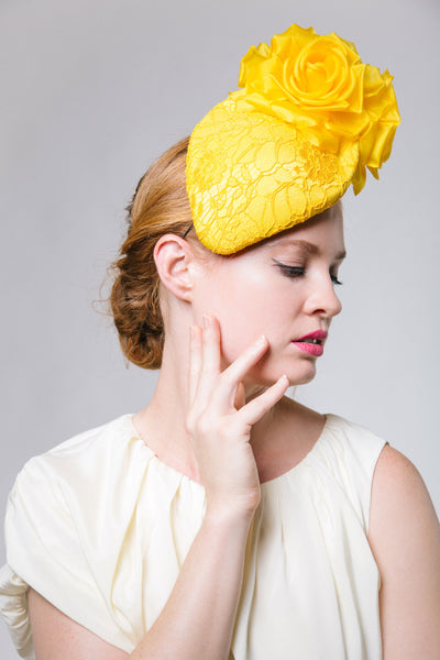 Yellow Lace Ascot Headpiece by Genevieve Rose Atelier